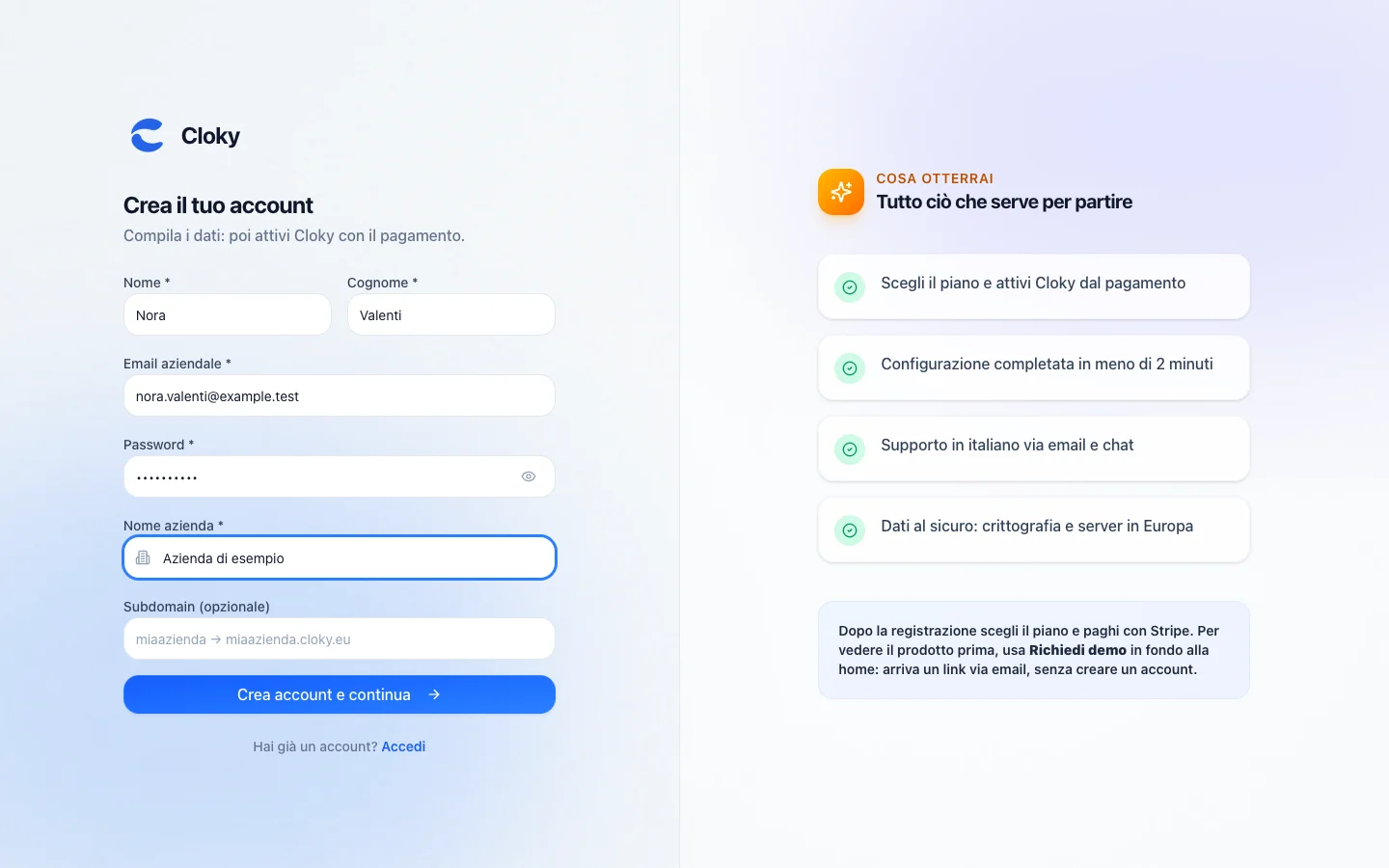 Schermata: Come creare l'account aziendale
