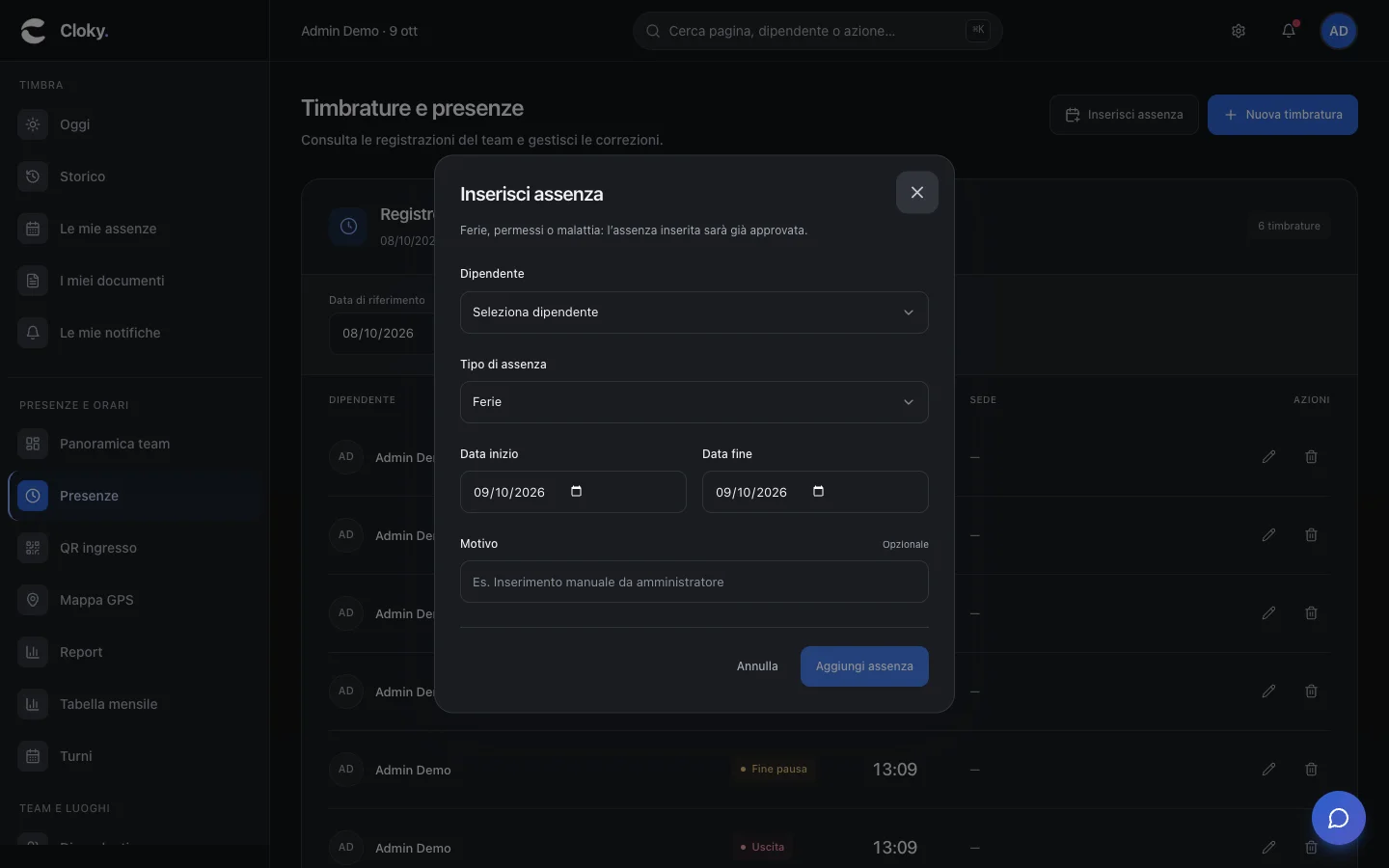 Schermata: Come inserire un'assenza per un dipendente