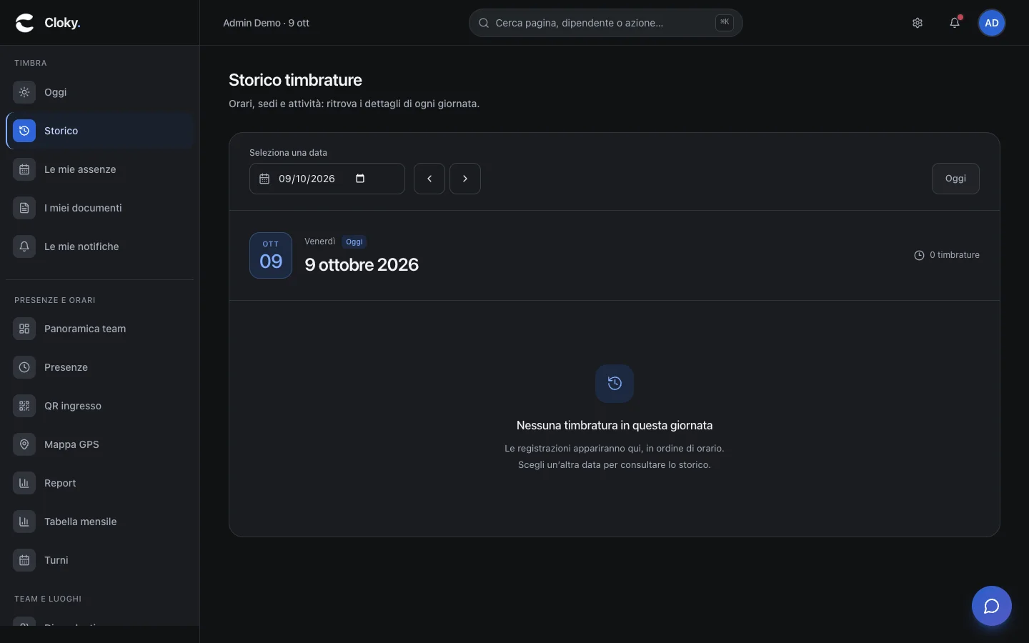 Schermata: Come consultare lo storico timbrature