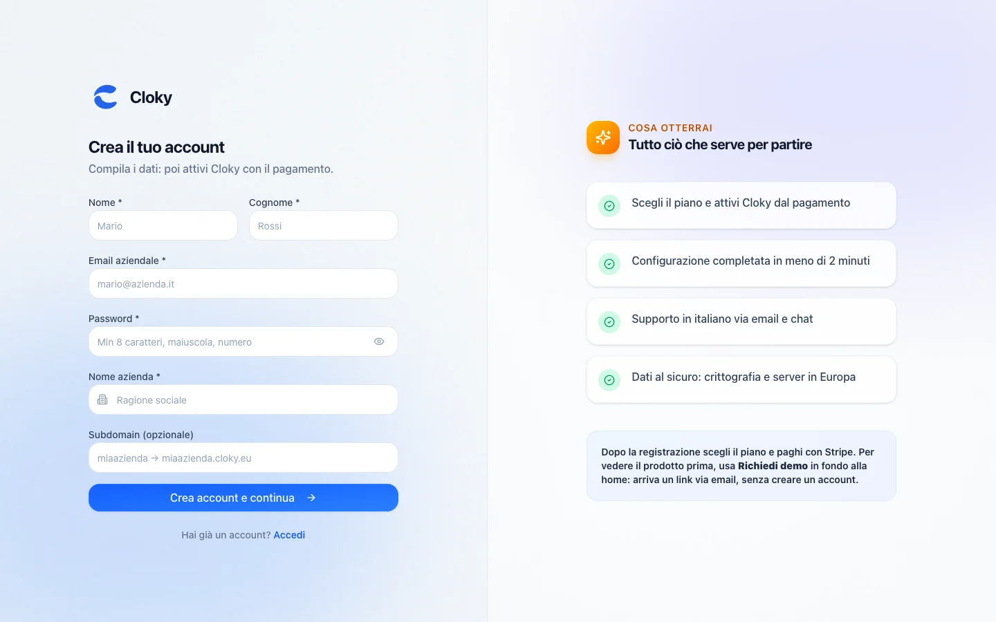 Schermata: Come creare l'account aziendale