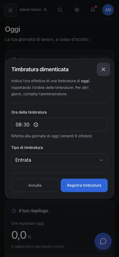 Schermata: Come registrare una timbratura dimenticata