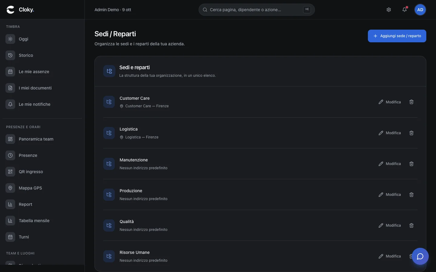 Schermata: Come creare sedi e reparti
