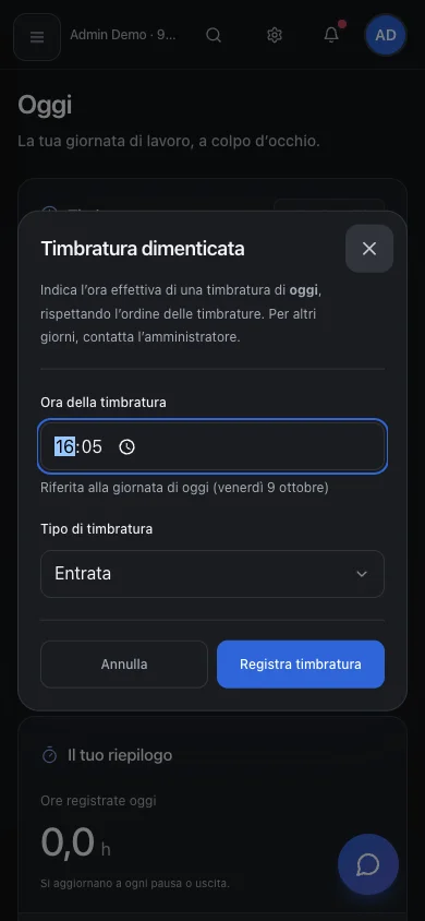Schermata: Come registrare una timbratura dimenticata