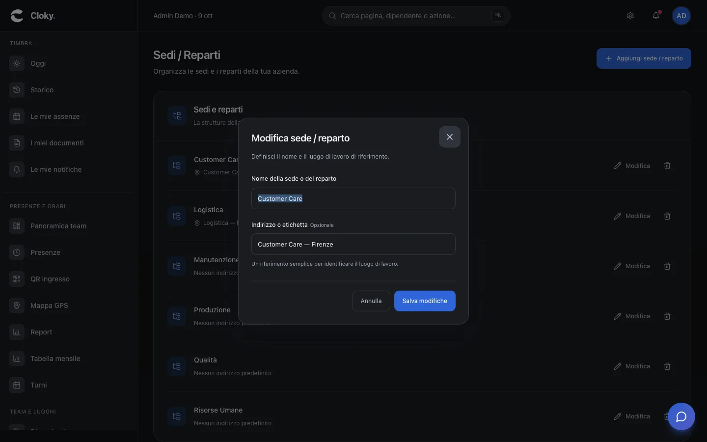 Schermata: Come creare sedi e reparti