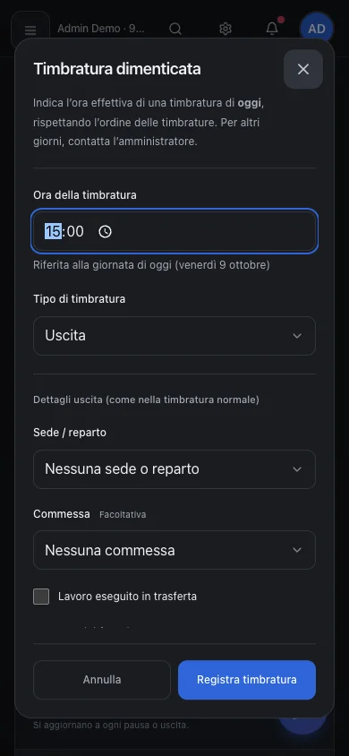 Schermata: Come registrare una timbratura dimenticata