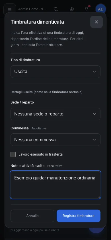 Schermata: Come registrare una timbratura dimenticata