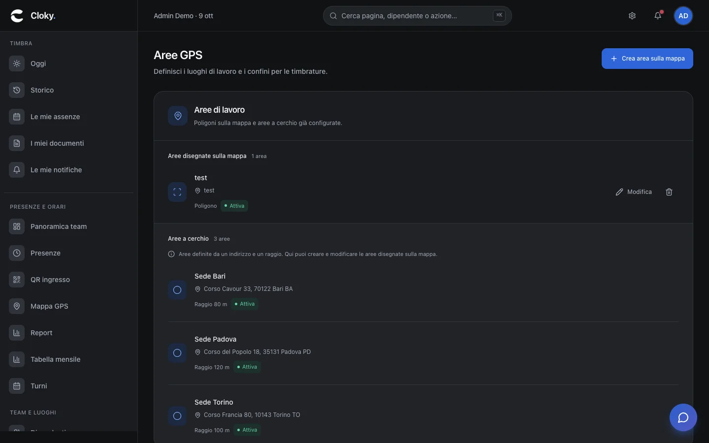 Schermata: Come configurare le aree GPS