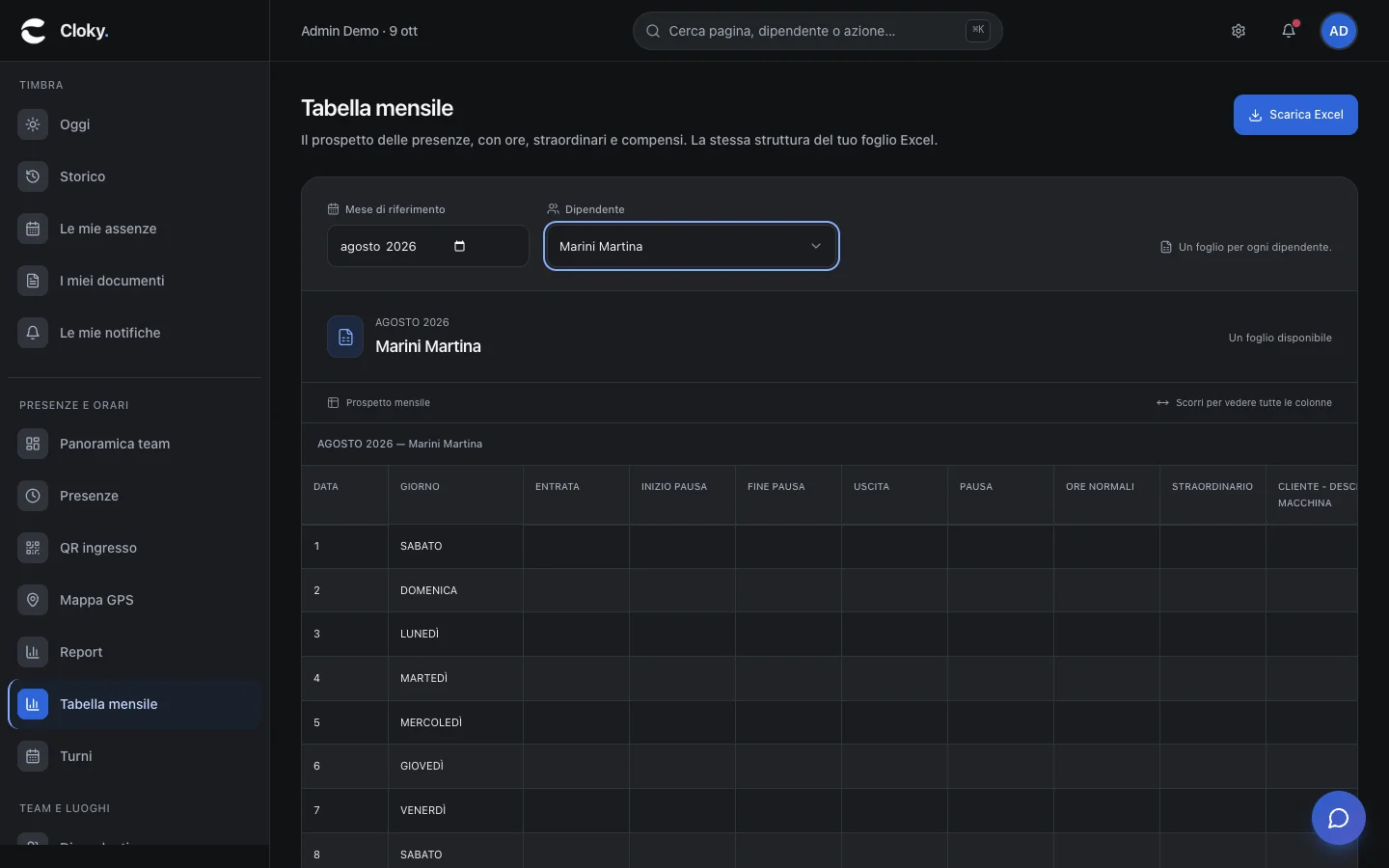 Schermata: Come scaricare il foglio presenze Excel
