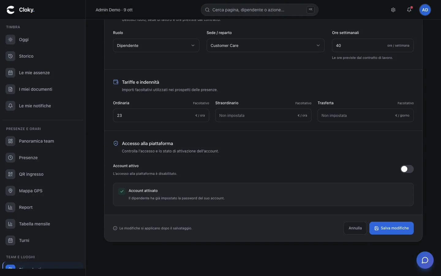 Schermata: Come modificare, disattivare o eliminare un dipendente