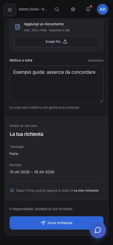 Schermata: Come richiedere ferie o un permesso