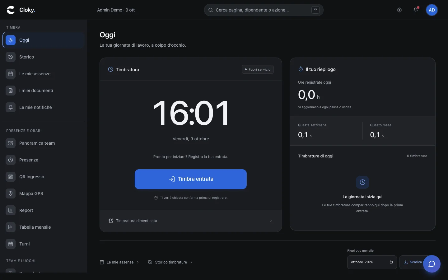 Schermata: Come timbrare entrata, pausa e uscita