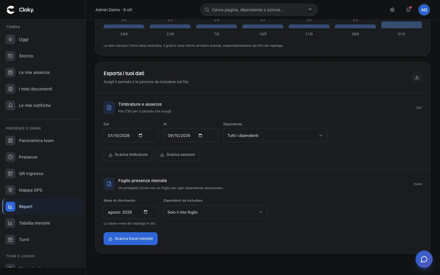 Schermata: Come esportare timbrature e assenze in CSV