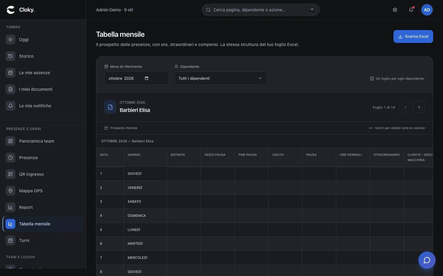 Schermata: Come scaricare il foglio presenze Excel